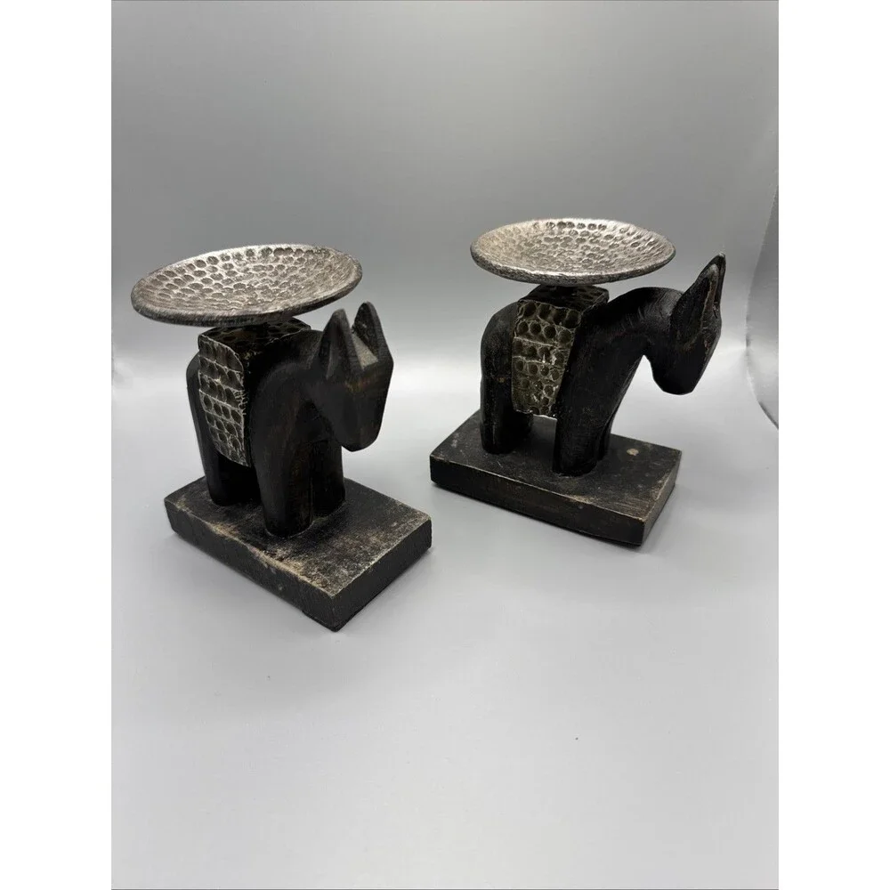 Handcrafted Wooden Donkey Incense/Candle Holder With Textured Metal Plate 4.75